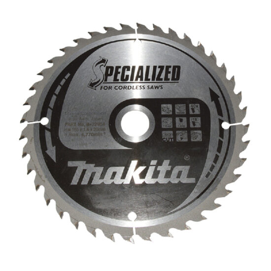 The Makita B-32954 (B-09232) Circular Saw Blade is a 165x20mm, 40T TCT blade, SPECIALIZED for cordless saws with sharp teeth and black-silver technical markings for various cuts on its metallic surface.