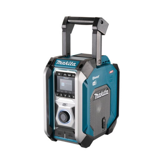 The Makita MR007GZ 12v-40v MAX DAB/DAB+ Bluetooth Jobsite Radio features a sturdy teal and black design, large handle, digital display, control buttons, and front speaker for versatile jobsite use.