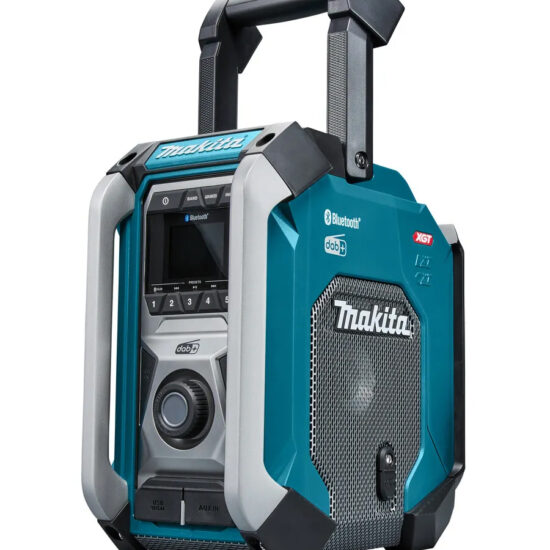 The Makita MR007GZ 12v-40v MAX DAB/DAB+ Bluetooth Jobsite Radio features large control buttons, a sturdy top handle, protective bumpers, and displays the Makita logo on the front speaker grill for easy identification.