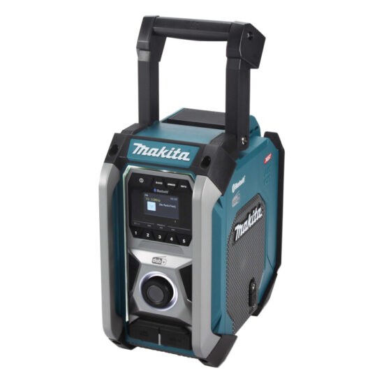The Makita MR007GZ 12v-40v MAX DAB/DAB+ Bluetooth Jobsite Radio features a teal and black design, a handle, front control buttons, and a display screen.