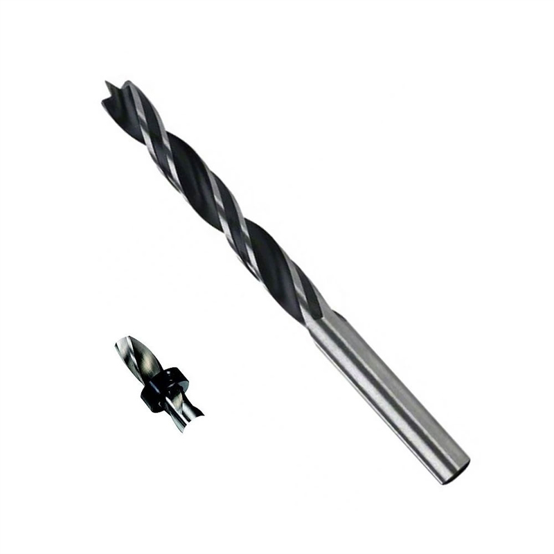 A large silver twist drill bit is shown diagonally, with a smaller black and silver countersink drill bit displayed below to the left. Both are set against a plain white background.