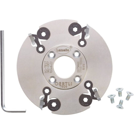 A circular metal cutting blade with four attached black clips, an L-shaped hex key, and five screws, all arranged on a white background. The blade is labeled “Lamello” and has other technical markings.