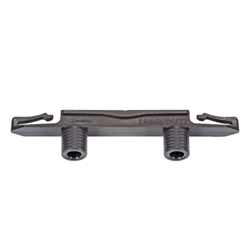The Lamello 145445 Tenso P-10 Preload Clip features a black plastic connector with two threaded inserts and hook-like ends, ideal for joining panels or furniture parts. Available in a pack of 2000 pieces.