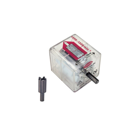 A transparent plastic gearbox with a metal shaft, featuring a red diagram and speed settings. A separate small metal component is placed next to it on a white background.