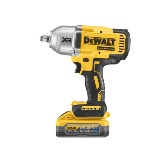 A yellow and black DEWALT cordless power impact wrench with a silver metal head and a rechargeable 20V POWERSTACK battery attached at the base.