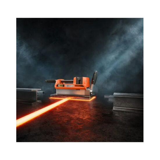 An orange industrial machine emits a bright red laser line across a dark, smoky room, with metal beams on either side.