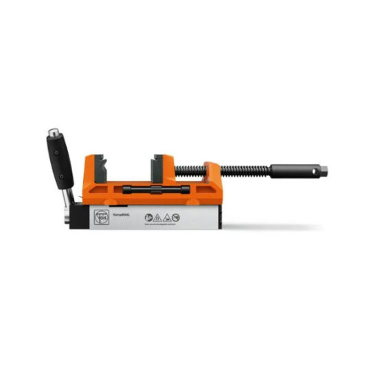 A metal and orange bench vise clamp with a black handle and adjustable screw, designed for securing objects firmly in place during work.