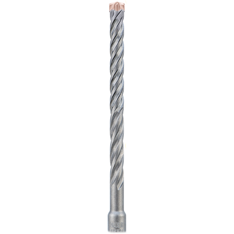 A single metallic masonry drill bit with a spiral flute design and a pointed, carbide tip, shown standing vertically against a white background.