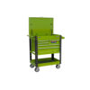 A green rolling tool chest with an open top lid, several drawers, black handles, and shelves on four caster wheels.