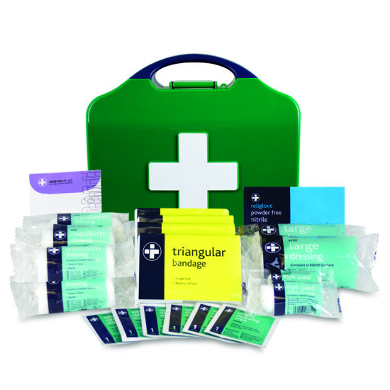 The TimCo MED112 Workplace First Aid Kit – HSE Compliant is a green kit with a white cross, shown open with bandages, dressings, gloves, eye pads, and antiseptic wipes arranged in front.