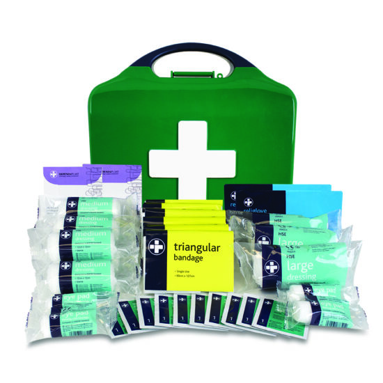 The TimCo MED112 Workplace First Aid Kit – HSE Compliant is a green case with a white cross, open to show neatly arranged medical supplies including bandages, dressings, eye pads, wipes, and triangular bandages in front.