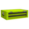 A bright green metal toolbox with two black-handled drawers, a Sealey label, a Superline Pro label, a lock in the center, and a metal handle on the side.