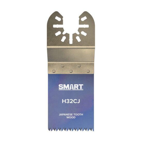 The Smart H32CJ1 Universal 32mm Japanese Tooth Blade is a metallic, blue oscillating blade with jagged teeth.
