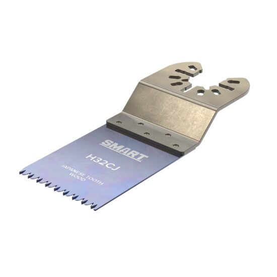 The Smart H32CJ1 Universal 32mm Japanese Tooth Blade is a metallic saw blade with sharp, fine teeth and a notched attachment end, designed for precise wood cutting.