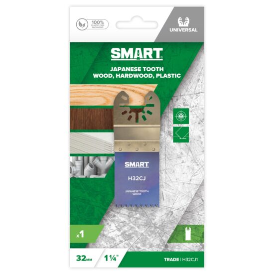 Packaging for the Smart H32CJ1 Universal 32mm Japanese Tooth Blade shows clear images and details. Compatible with universal tools, its ideal for wood, hardwood, and plastic.