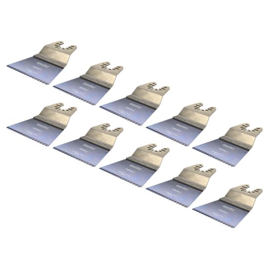 Ten identical Smart H63CJ1 Universal 63mm Japanese Tooth Blades with jagged edges are arranged in two rows on a white background. Labeled with specifications, these metallic blades ensure precise and efficient cutting.