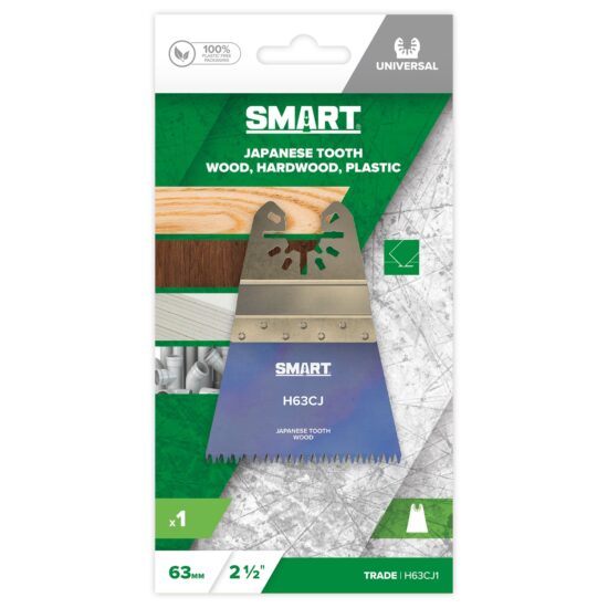 The Smart H63CJ1 Universal 63mm Japanese Tooth Blade packaging features a blue and silver blade labeled SMART H63CJ, with clear images and details showing compatibility with wood, hardwood, and plastic.