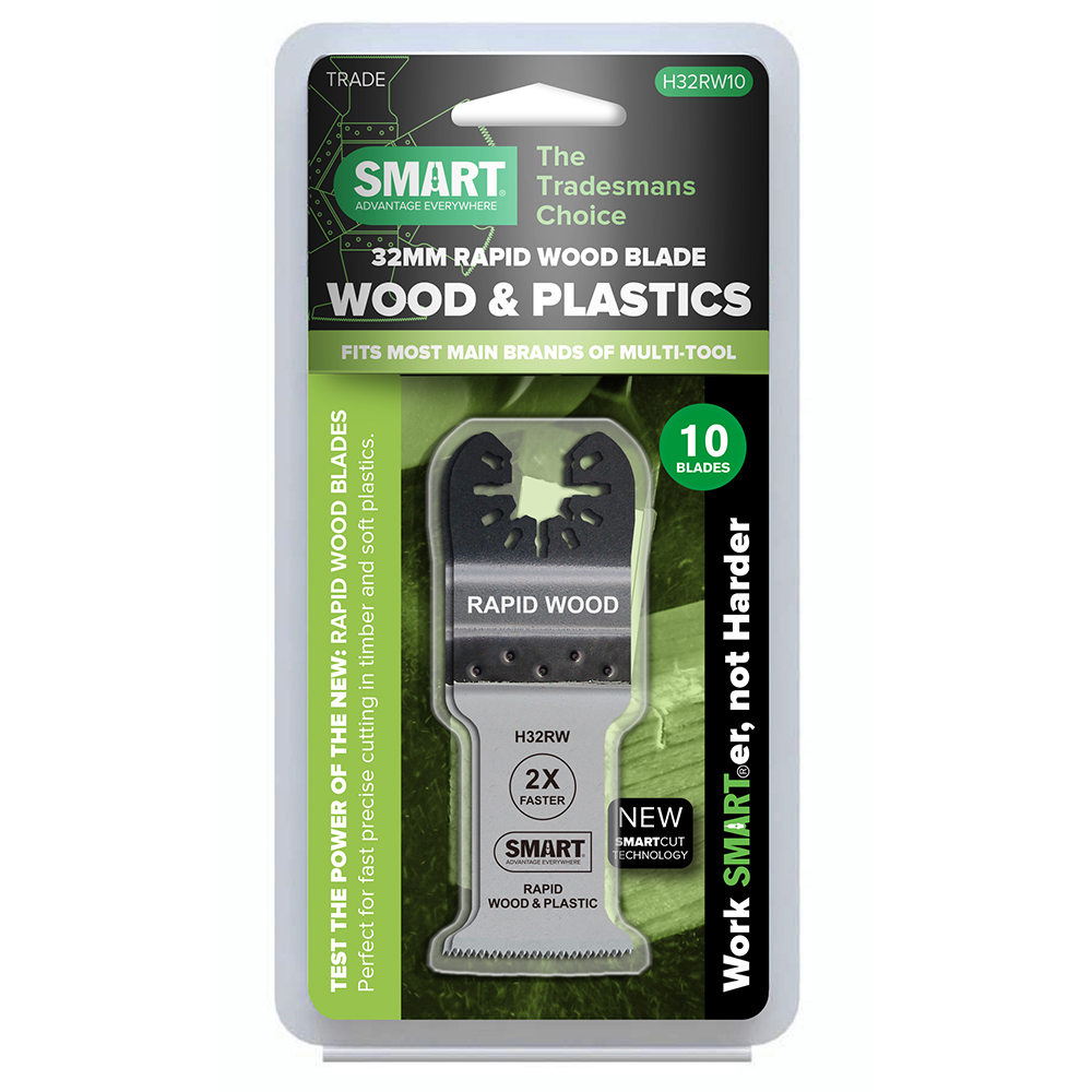 The Smart H32RW1 Universal 32mm Rapid Wood Blade pack contains 10 blades for multi-tools, designed for wood and plastics. Features include 2X faster cutting and green packaging with the slogan Work SMARTer, not harder.