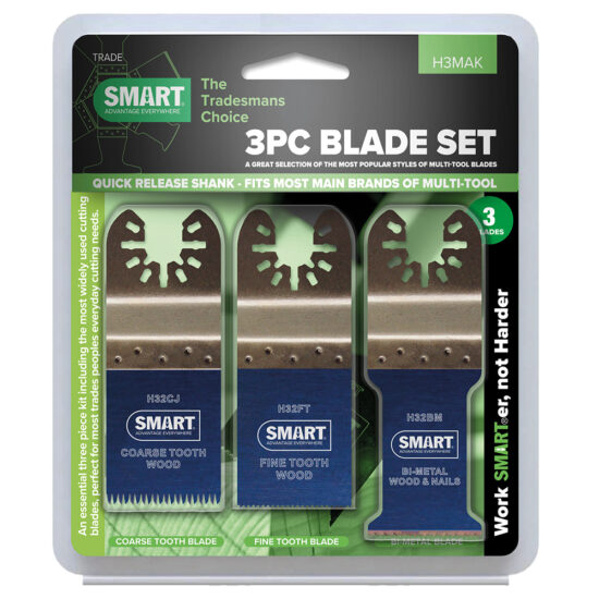 The Smart H3MAK Universal 3 Piece Blade Set features coarse tooth, fine tooth, and bi-metal wood blades in retail packaging with a clear plastic front for easy viewing.