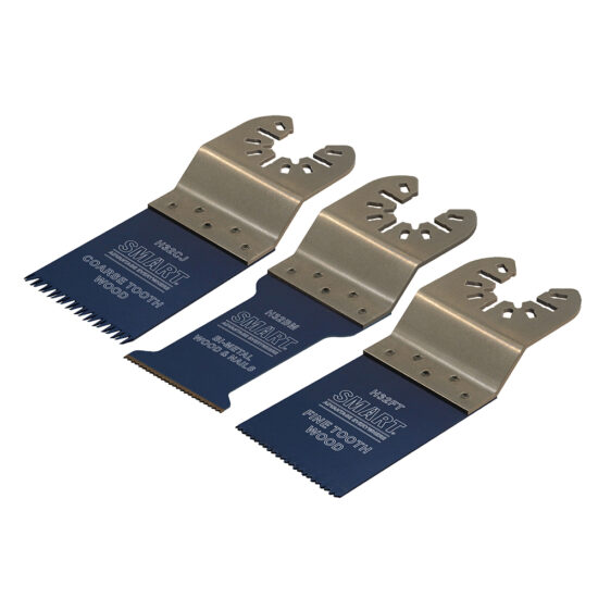 Three metallic blades from the Smart H3MAK Universal 3 Piece Blade Set are displayed side by side on a white background, each featuring blue cutting edges and unique tooth patterns for different uses.