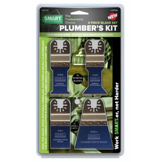 Blister pack of the Smart H4PMK Universal 4 Piece Plumbers Set for tradesmen, includes two bi-metal blades and two coarse tooth wood blades, shown with product labels and branded packaging.