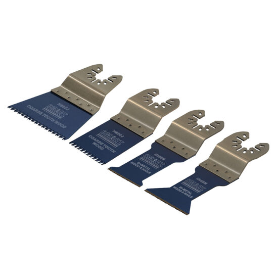Four blue and silver blades from the Smart H4PMK Universal 4 Piece Plumbers Set are arranged in a row, each featuring distinct tooth shapes and sizes—ideal for plumbers and a variety of cutting applications.