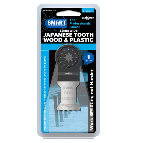 The Smart ST32CJ1 Starlock 32mm Coarse Tooth Blade features a visible silver blade, bold blue branding, “The Professionals Choice” and “Work SMARTer, not Harder” labels, and is compatible with oscillating tools using the Starlock system.