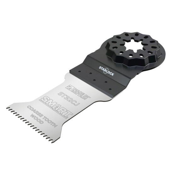 The Smart ST32CJ1 Starlock 32mm Coarse Tooth Blade features a star-shaped mount and serrated edge, making it ideal for fast, efficient wood cutting.