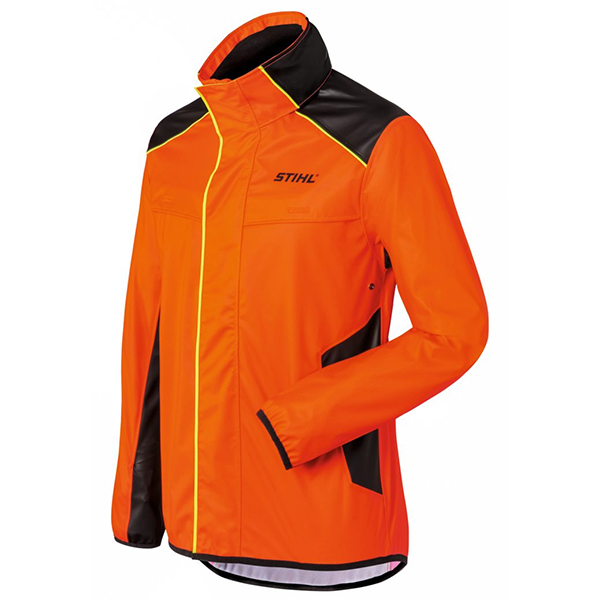 The Stihl 0088554020 DuroFlex Weatherproof Orange Jacket features black shoulder and side accents, a yellow zipper, and the STIHL logo on the chest. Designed for visibility and durability, its ideal for outdoor work.