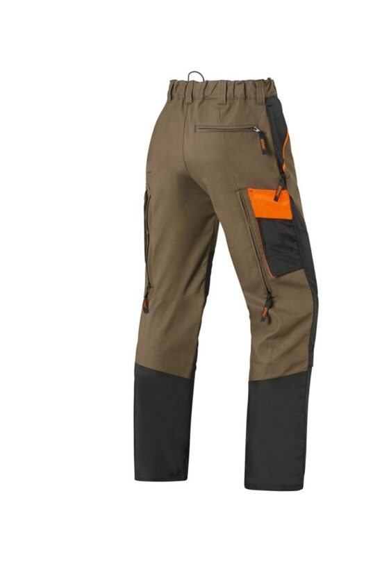 The Stihl 0088458010 FS3PROTECT Protective Trousers for brushcutter use have brown fabric, black and orange details, multiple zippered pockets, reinforced knees, and are shown from the back on a white background.