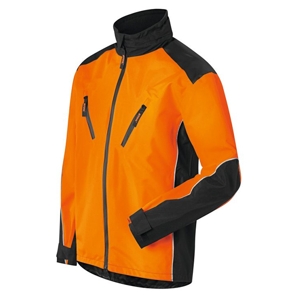 The Stihl 00885540107 RainTec Waterproof Outdoor Orange Jacket features a bright orange and black zip-up design with high collar, long sleeves, reflective details, two zippered chest pockets, and black accents on the shoulders, sides, and arms.