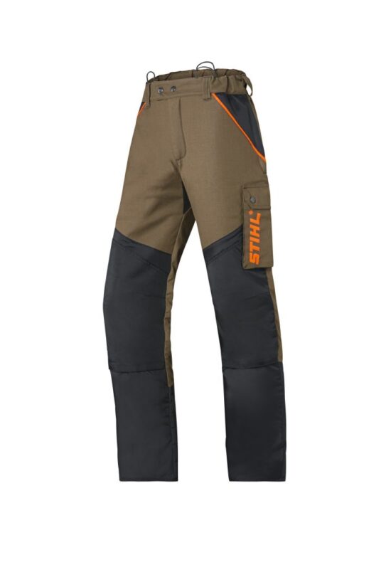 The Stihl 0088458010 FS3PROTECT Protective Trousers feature reinforced knees, orange accents, and a side pocket with STIHL logo in brown and black, designed for heavy-duty outdoor work—ideal for brushcutter operators.