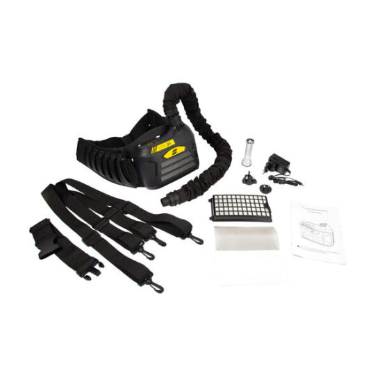A powered air purifying respirator kit with a waist belt, breathing hose, battery, charger, straps, filters, user manual, and various accessories laid out on a white background.