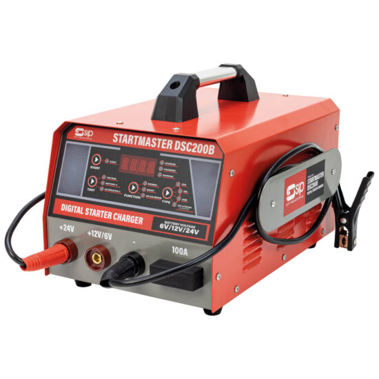 A red and silver digital starter charger with a handle, labeled STARTMASTER DSC200B. It features digital displays, control buttons, cables with clamps, and is designed for charging and starting vehicle batteries.