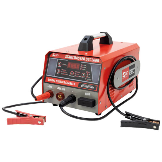 A red and black digital starter charger, model STARTMASTER DSC200B, featuring cables and clamps for charging batteries, a handle on top, and a control panel with a digital display on the front.