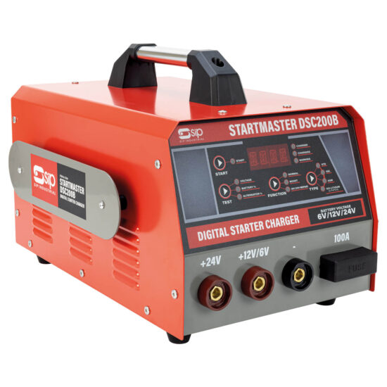A red and gray SIP Startmaster DSC200B digital starter charger featuring a handle, control panel, and three power output terminals labeled +24V, +12V/6V, and 100A, designed for charging vehicle batteries.