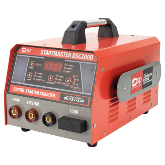 A red and black SIP Startmaster DSC200B digital starter charger with a handle, display panel, labeled switches, and connection ports for 6V, 12V, and 24V batteries.