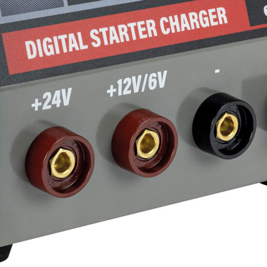 Close-up of a digital starter charger panel showing three connection ports labeled +24V, +12V/6V, and -, with the first two ports in red and the negative port in black.