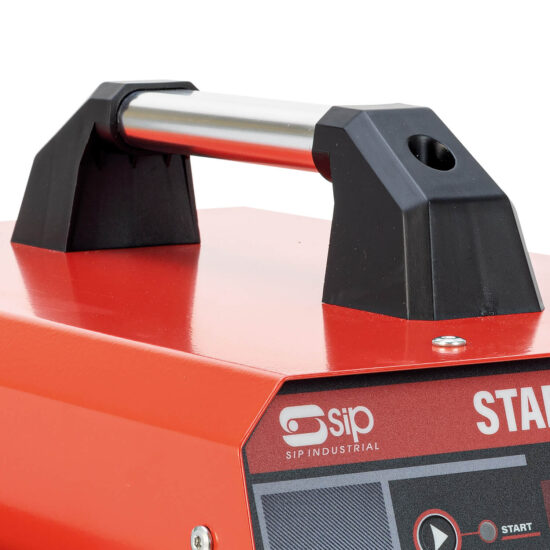 Close-up of a red industrial machine with a black and silver handle on top. The machine has a control panel and displays the SIP INDUSTRIAL logo on the front.