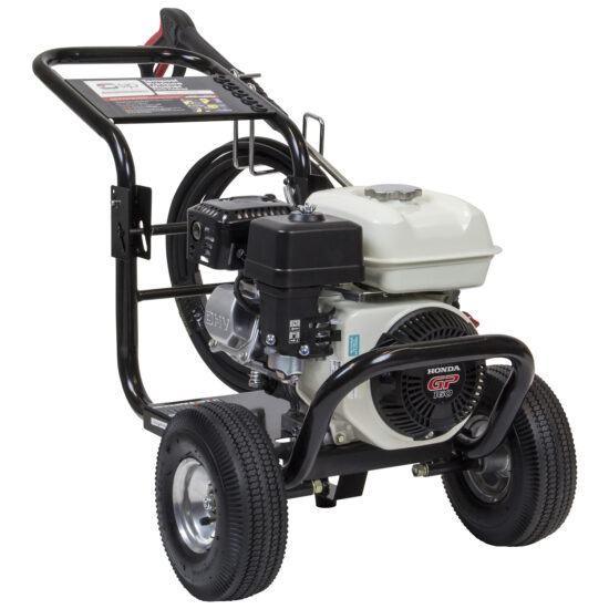 A portable gas-powered pressure washer with large wheels, a black metal frame, a white engine cover, a hose reel, and Honda branding on the engine, designed for outdoor cleaning tasks.