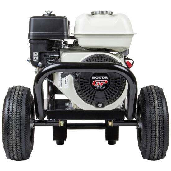 Front view of a Honda GP160 small gas engine with a white fuel tank, black air filter, circular vent, and two large rubber wheels, mounted on a black metal frame.