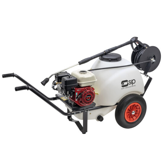 A white SIP industrial sprayer with a large tank, red wheels, a black hose reel, and a mounted engine, designed for manual transportation with two handles at the front.