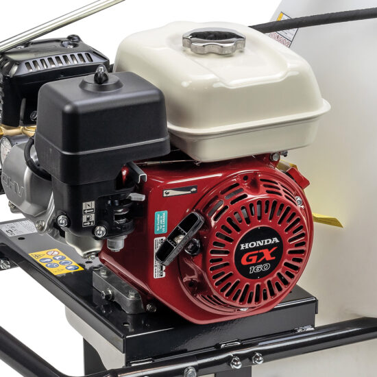 Close-up view of a Honda GX160 small engine with a red recoil starter cover, black air filter, and white fuel tank mounted on a piece of machinery.