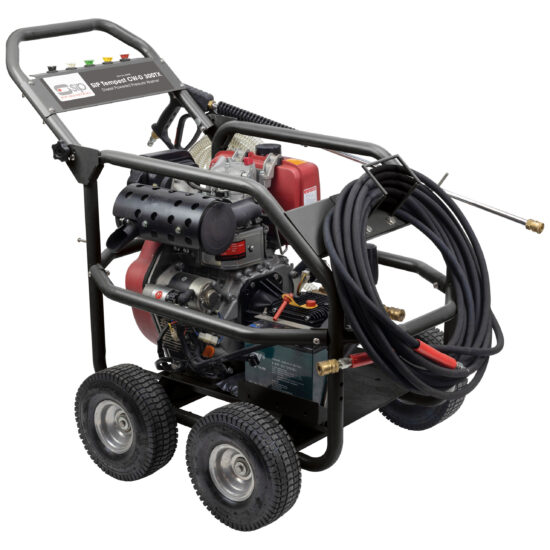A heavy-duty, four-wheeled pressure washer with a red engine, black frame, hoses coiled around the handle, and control panel on top.
