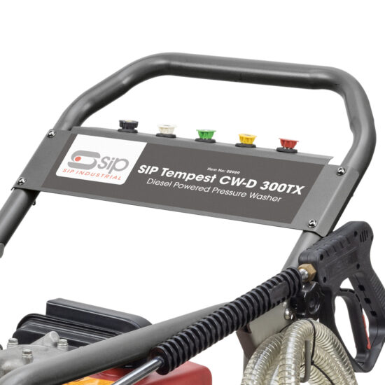 Close-up of the control panel on a SIP Tempest CW-D 300TX diesel-powered pressure washer, showing labeled buttons and part of the handle, hose, and trigger spray gun.