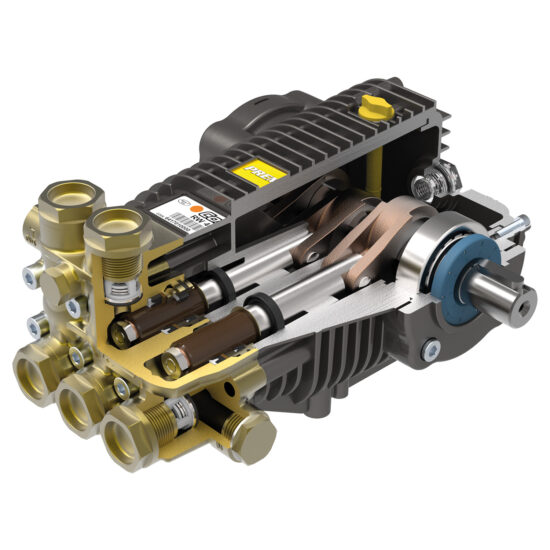 3D-rendered image of a mechanical water pump with brass connectors, metal pistons, a crankshaft, and labeled components, showing a detailed cutaway of its internal structure.