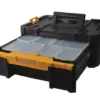 A DeWalt DEW170705 TSTAK™ III Toolbox (Deep Drawer) in black and yellow is shown with its top handle and front deep drawer open, revealing several transparent storage compartments inside.