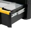 Close-up of the DeWalt DEW170705 TSTAK™ III Toolbox (Deep Drawer) with a yellow latch, highlighting its deep pull-out drawer and clear plastic compartments for organized storage.