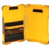 The DeWalt DEW182732 TSTAK™ Clipboard is open, displaying inner compartments with zippered pockets and mesh storage on the left side, ideal for organizing papers and small items.