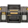 The DeWalt DEW170706 TSTAK™ IV Toolbox (Shallow Drawer) is a black toolbox with yellow accents, metal latches, a top handle, IP54 water resistance on the left front, and organized storage, featuring the DeWalt logo.
